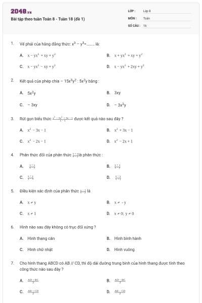 Bài tập theo tuần Toán 8 - Tuần 18 (đề 1)