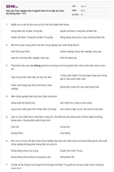 362 câu Trắc nghiệm Địa lí ngành kinh tế có đáp án (mức độ thông hiểu - P7)
