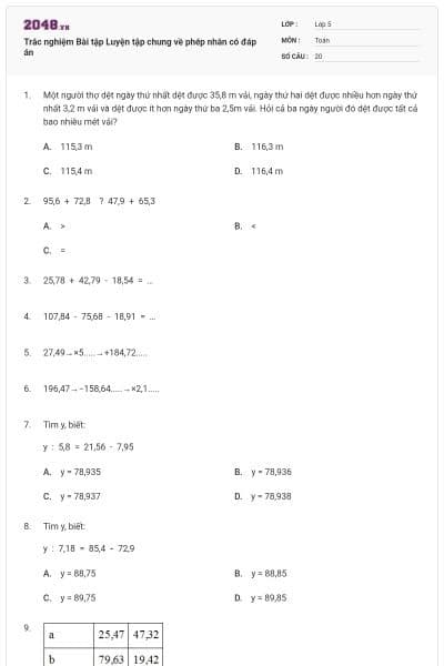 Trắc nghiệm Bài tập Luyện tập chung về phép nhân có đáp án