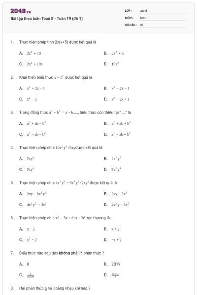 Bài tập theo tuần Toán 8 - Tuần 19 (đề 1)