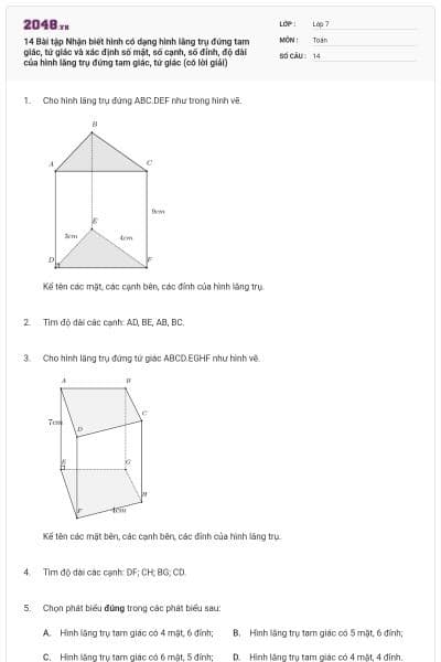 14 Bài tập Nhận biết hình có dạng hình lăng trụ đứng tam giác, tứ giác và xác định số mặt, số cạnh, số đỉnh, độ dài của hình lăng trụ đứng tam giác, tứ giác (có lời giải)