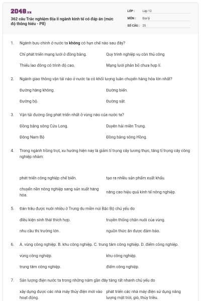 362 câu Trắc nghiệm Địa lí ngành kinh tế có đáp án (mức độ thông hiểu - P8)