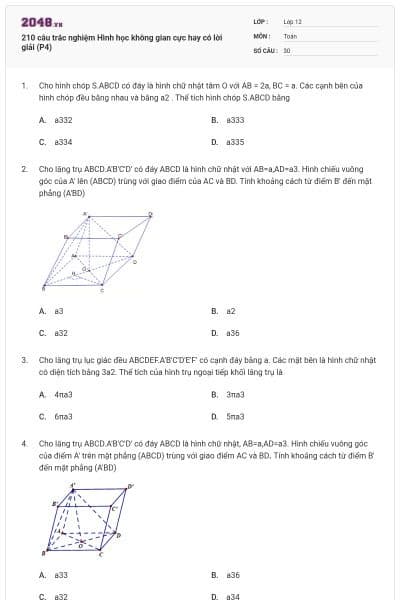 210 câu trắc nghiệm Hình học không gian cực hay có lời giải (P4)