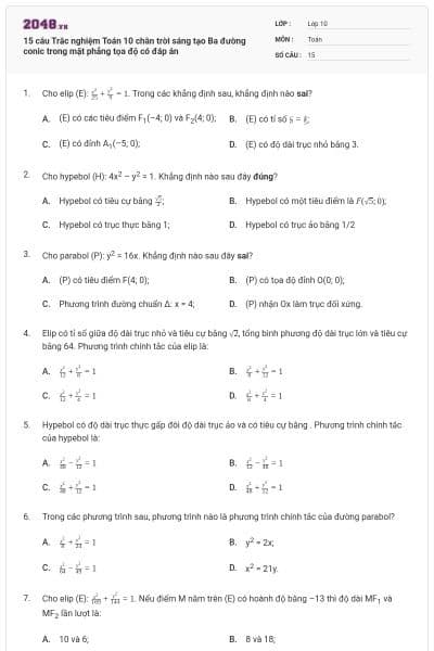 15 câu Trắc nghiệm Toán 10 chân trời sáng tạo Ba đường conic trong mặt phẳng tọa độ có đáp án