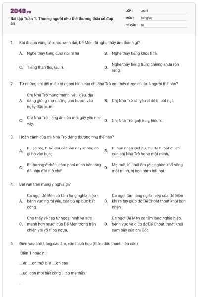 Bài tập Tuần 1: Thương người như thể thương thân có đáp án