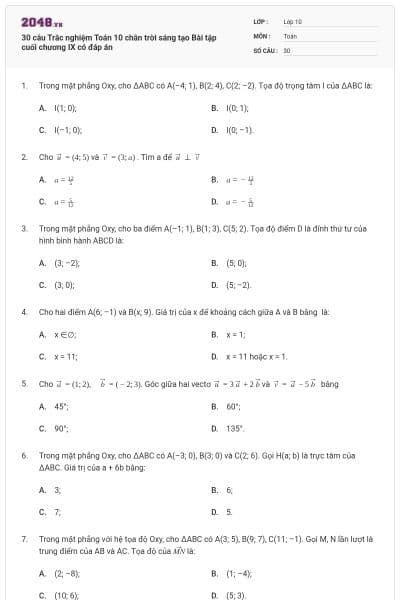 30 câu Trắc nghiệm Toán 10 chân trời sáng tạo Bài tập cuối chương IX có đáp án