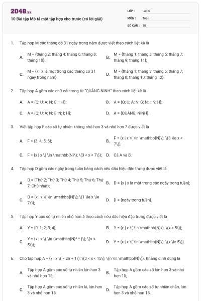 10 Bài tập Mô tả một tập hợp cho trước (có lời giải)