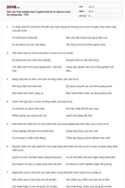362 câu Trắc nghiệm Địa lí ngành kinh tế có đáp án (mức độ thông hiểu - P9)