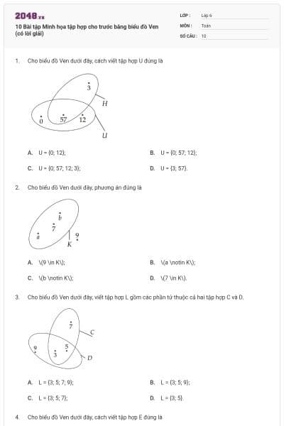 10 Bài tập Minh họa tập hợp cho trước bằng biểu đồ Ven (có lời giải)