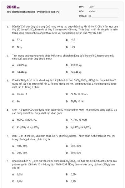 100 câu trắc nghiệm Nito - Photpho cơ bản (P3)
