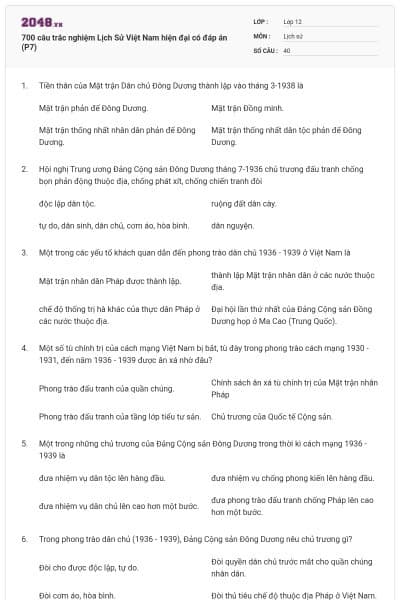 700 câu trắc nghiệm Lịch Sử Việt Nam hiện đại có đáp án (P7)