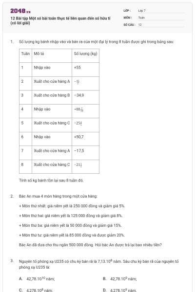12 Bài tập Một số bài toán thực tế liên quan đến số hữu tỉ (có lời giải)