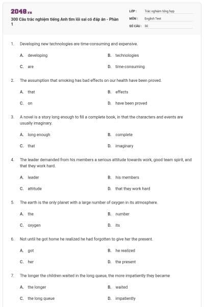 300 Câu trắc nghiệm tiếng Anh tìm lỗi sai có đáp án - Phần 1