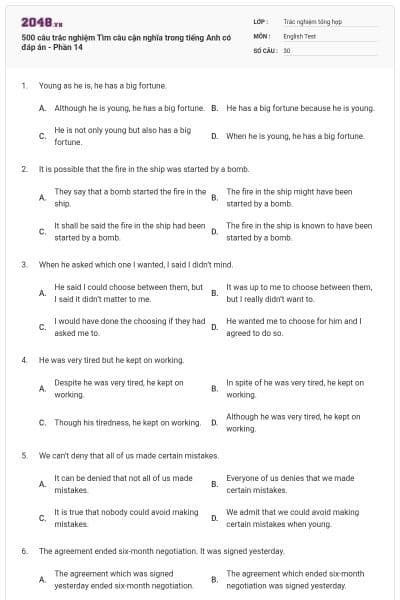 500 câu trắc nghiệm Tìm câu cận nghĩa trong tiếng Anh có đáp án - Phần 14