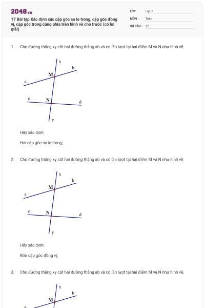 17 Bài tập Xác định các cặp góc so le trong, cặp góc đồng vị, cặp góc trong cùng phía trên hình vẽ cho trước (có lời giải)