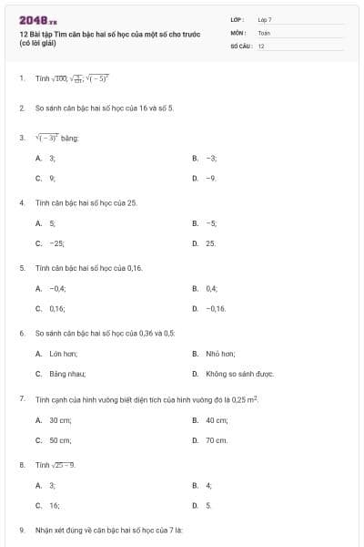 12 Bài tập Tìm căn bậc hai số học của một số cho trước (có lời giải)