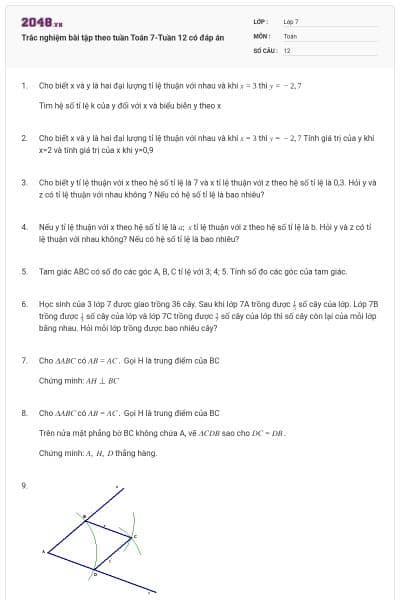 Trắc nghiệm bài tập theo tuần Toán 7-Tuần 12 có đáp án
