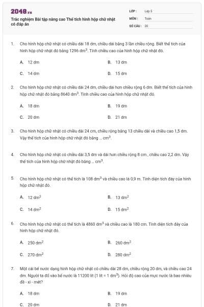 Trắc nghiệm Bài tập nâng cao Thể tích hình hộp chữ nhật có đáp án