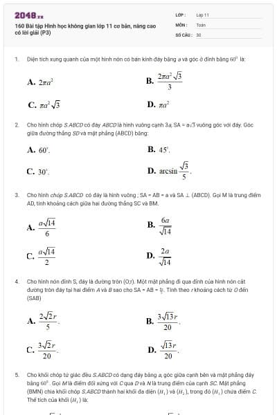 160 Bài tập Hình học không gian lớp 11 cơ bản, nâng cao có lời giải (P3)