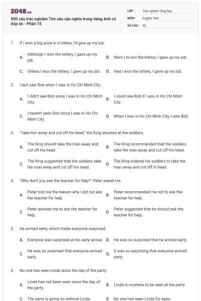 500 câu trắc nghiệm Tìm câu cận nghĩa trong tiếng Anh có đáp án - Phần 15