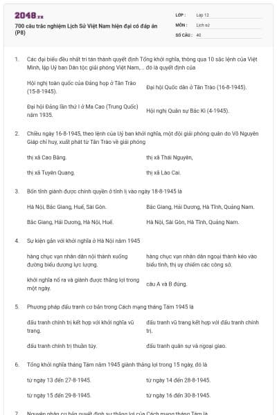 700 câu trắc nghiệm Lịch Sử Việt Nam hiện đại có đáp án (P8)