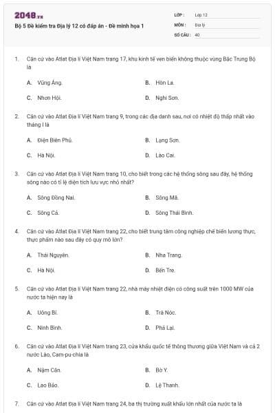 Bộ 5 Đề kiểm tra Địa lý 12 có đáp án - Đề minh họa 1