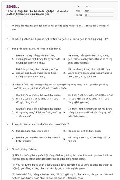 12 Bài tập Nhận biết như thế nào là một định lí và xác định giả thiết, kết luận của định lí (có lời giải)