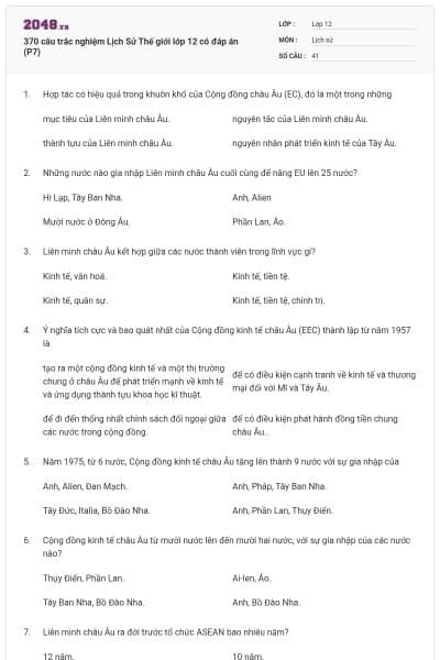 370 câu trắc nghiệm Lịch Sử Thế giới lớp 12 có đáp án (P7)