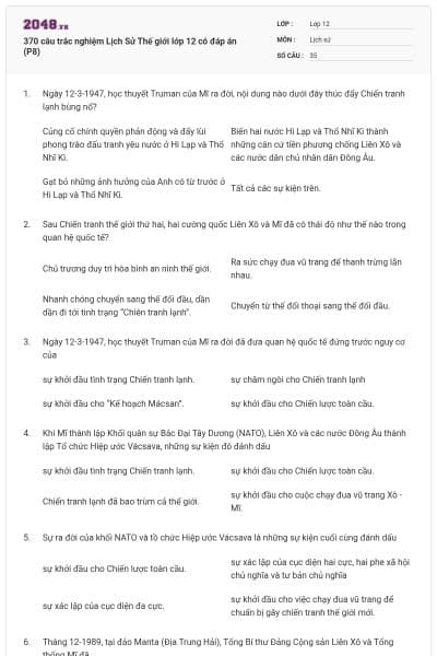 370 câu trắc nghiệm Lịch Sử Thế giới lớp 12 có đáp án (P8)