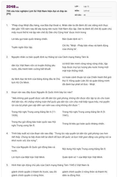 700 câu trắc nghiệm Lịch Sử Việt Nam hiện đại có đáp án (P9)