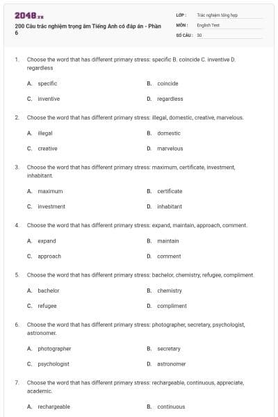 200 Câu trắc nghiệm trọng âm Tiếng Anh có đáp án - Phần 6