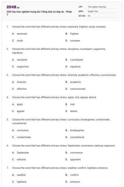 200 Câu trắc nghiệm trọng âm Tiếng Anh có đáp án - Phần 7