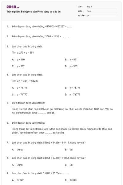 Trắc nghiệm Bài tập cơ bản Phép cộng có đáp án