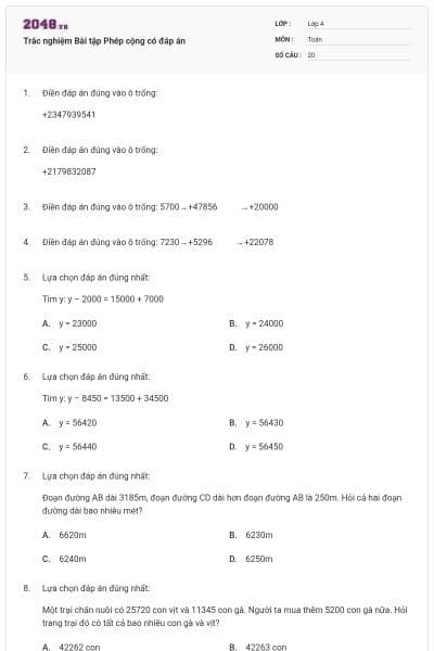 Trắc nghiệm Bài tập Phép cộng có đáp án