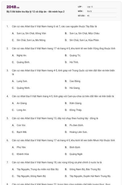 Bộ 5 Đề kiểm tra Địa lý 12 có đáp án - Đề minh họa 2
