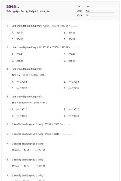 Trắc nghiệm Bài tập Phép trừ có đáp án