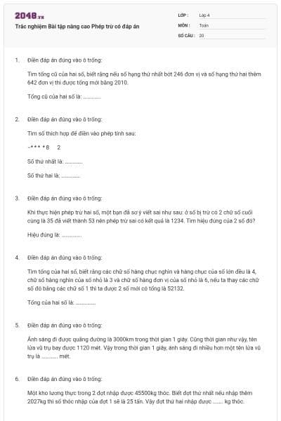 Trắc nghiệm Bài tập nâng cao Phép trừ có đáp án