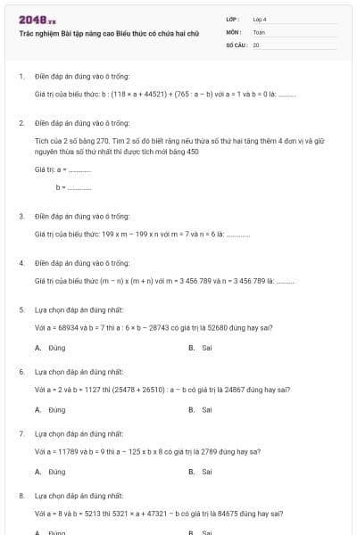 Trắc nghiệm Bài tập nâng cao Biểu thức có chứa hai chữ