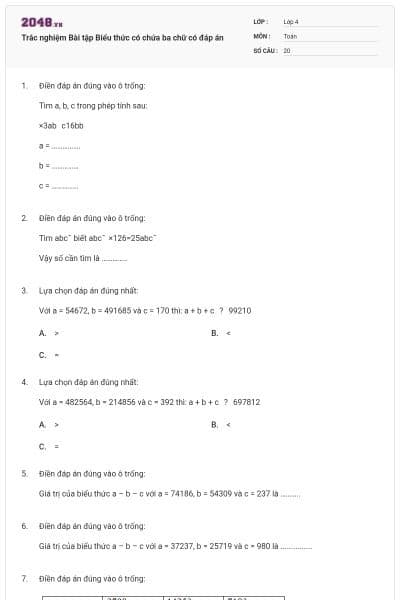 Trắc nghiệm Bài tập Biểu thức có chứa ba chữ có đáp án