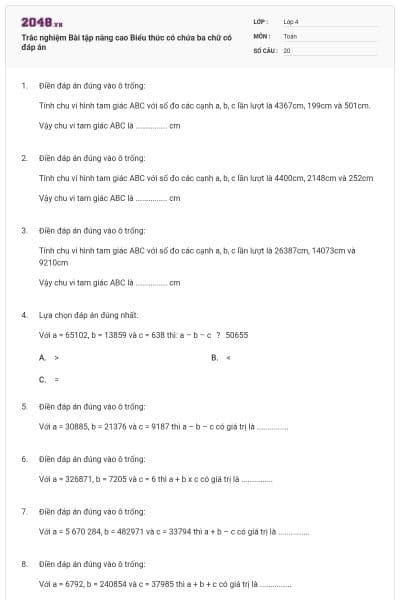 Trắc nghiệm Bài tập nâng cao Biểu thức có chứa ba chữ có đáp án