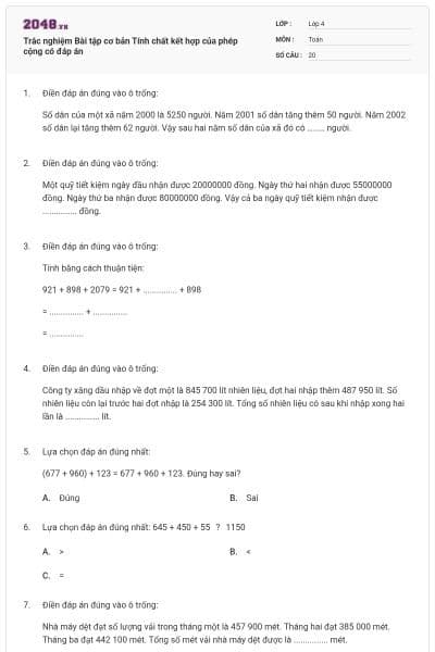 Trắc nghiệm Bài tập cơ bản Tính chất kết hợp của phép cộng có đáp án