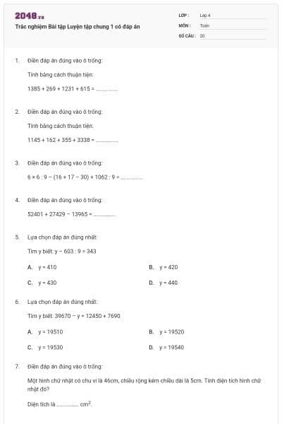 Trắc nghiệm Bài tập Luyện tập chung 1 có đáp án