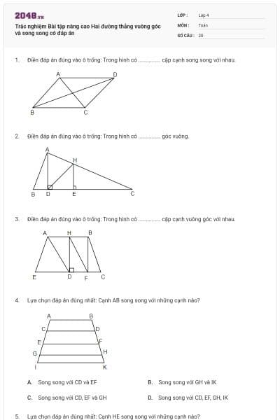 Trắc nghiệm Bài tập nâng cao Hai đường thẳng vuông góc và song song có đáp án