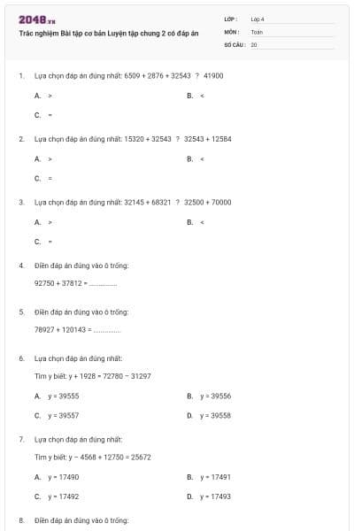 Trắc nghiệm Bài tập cơ bản Luyện tập chung 2 có đáp án