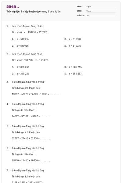 Trắc nghiệm Bài tập Luyện tập chung 2 có đáp án