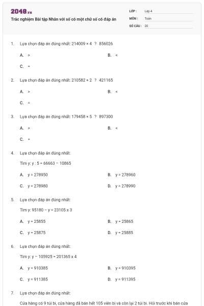 Trắc nghiệm Bài tập Nhân với số có một chữ số có đáp án
