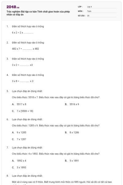 Trắc nghiệm Bài tập cơ bản Tính chất giao hoán của phép nhân có đáp án
