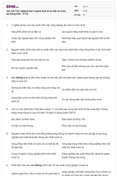 362 câu Trắc nghiệm Địa lí ngành kinh tế có đáp án (mức độ thông hiểu - P10)