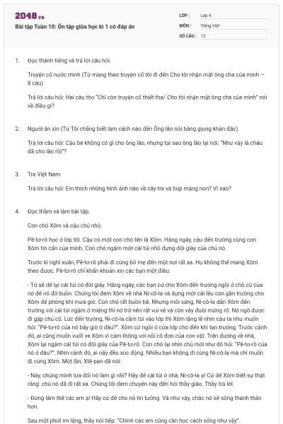 Bài tập Tuần 10: Ôn tập giữa học kì 1 có đáp án