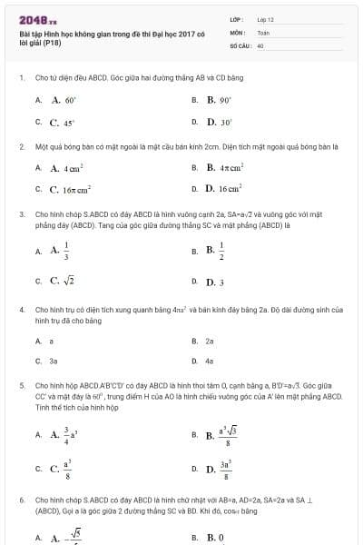 Bài tập Hình học không gian trong đề thi Đại học 2017 có lời giải (P18)